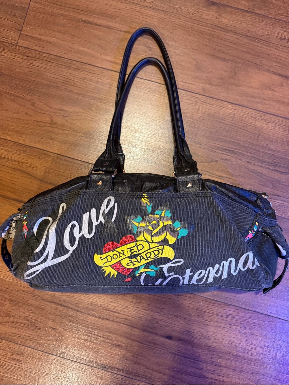 Y2K Ed Hardy Black Canvas Shoulder Bag with Colorful Tattoo Motif 2007